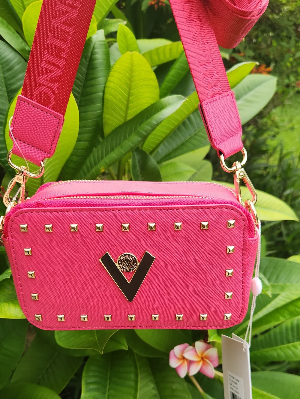Valentino Pink Studded Crossbody Camera Bag with Branded Strap